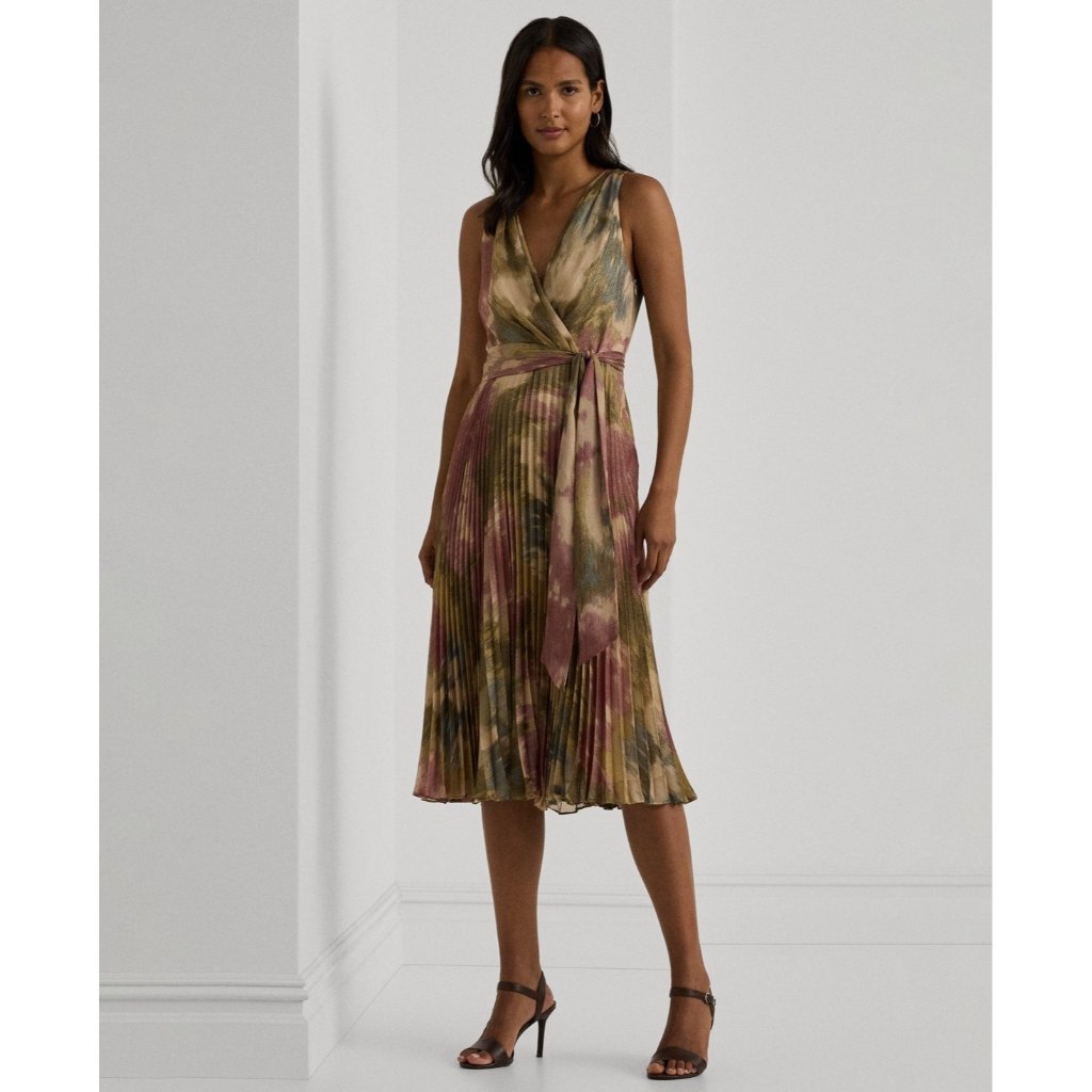 Lauren Ralph Lauren Sleeveless Floral Metallic Dress Clay Tan Brown Size 10 $295